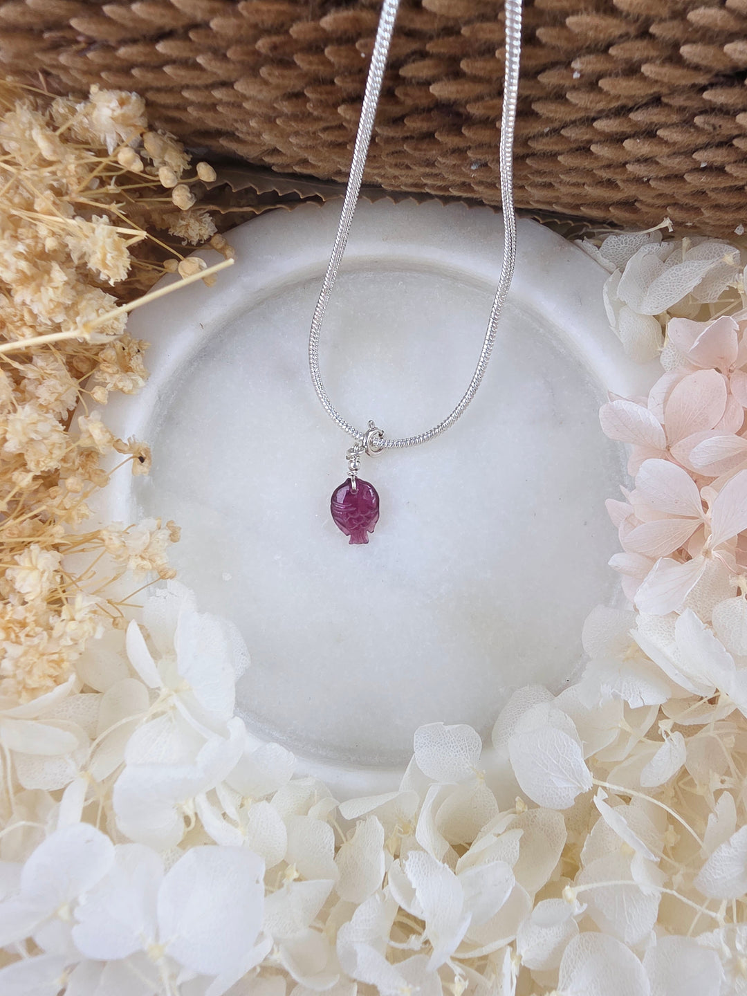 Pink Tourmaline Fish Silver Pendant/Charm — Flow & Flourish