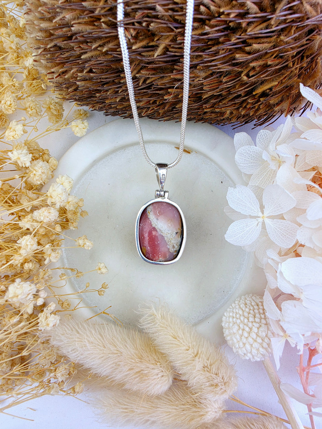 Pink Opal Tumbled Silver Pendant