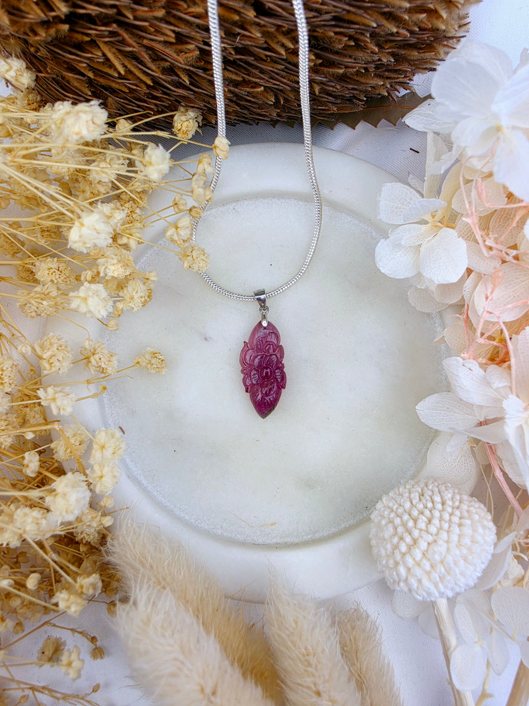 Pink Tourmaline Peony Flower Silver Pendant