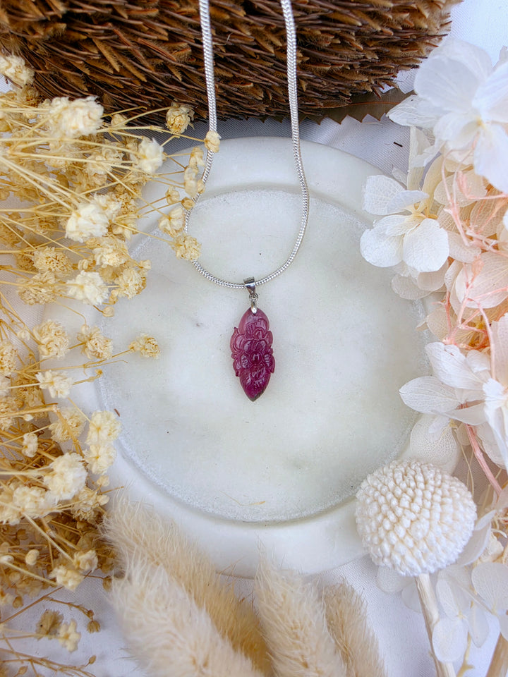 Pink Tourmaline Peony Flower Silver Pendant