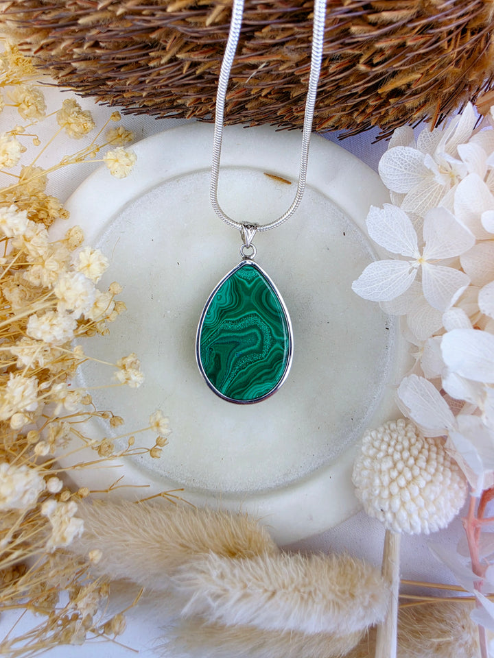 Malachite Silver Tear Drop Pendant — Transform & Rise