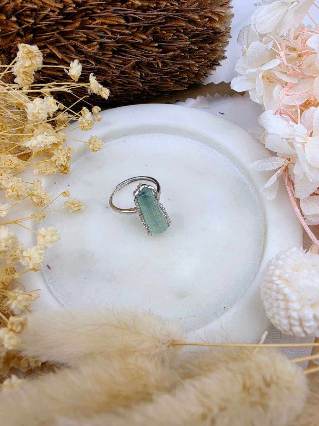 Aquamarine Natural Silver Ring (Adjustable)