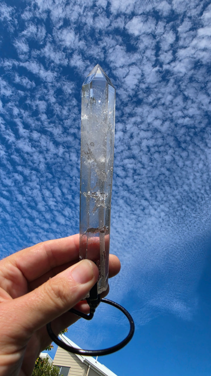 Lemurian with Black Chlorite Phantom Quartz with Metal Stand