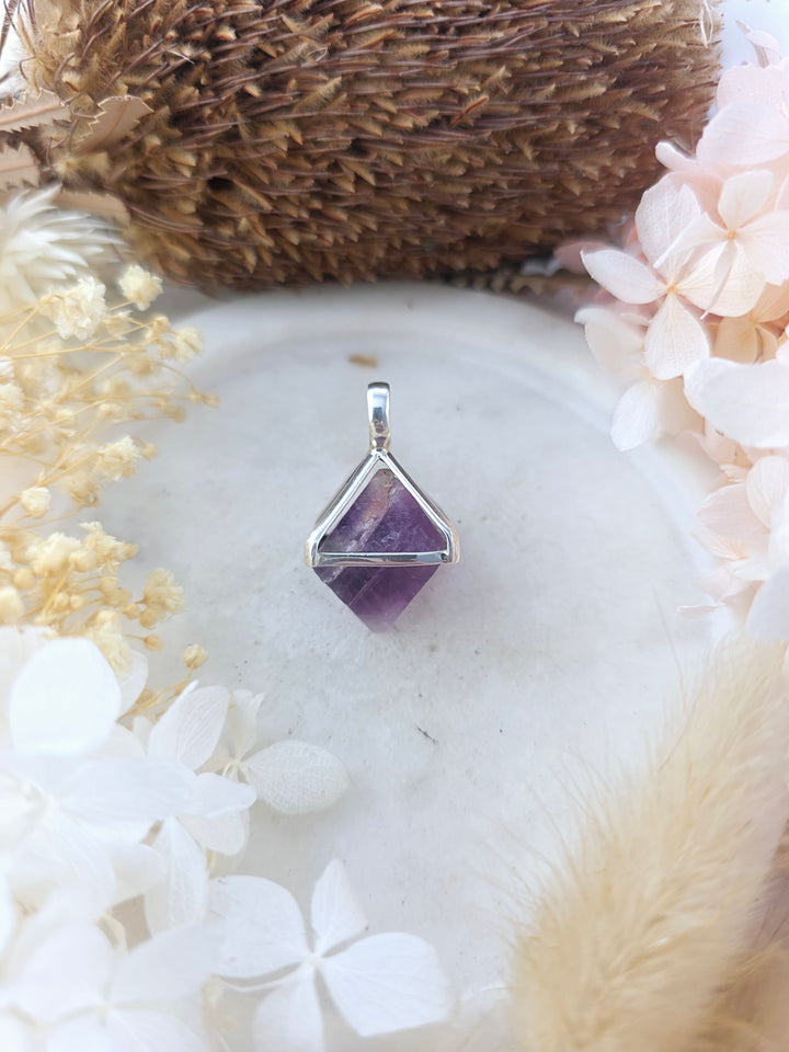 Purple Fluorite Octahedron Silver Pendant