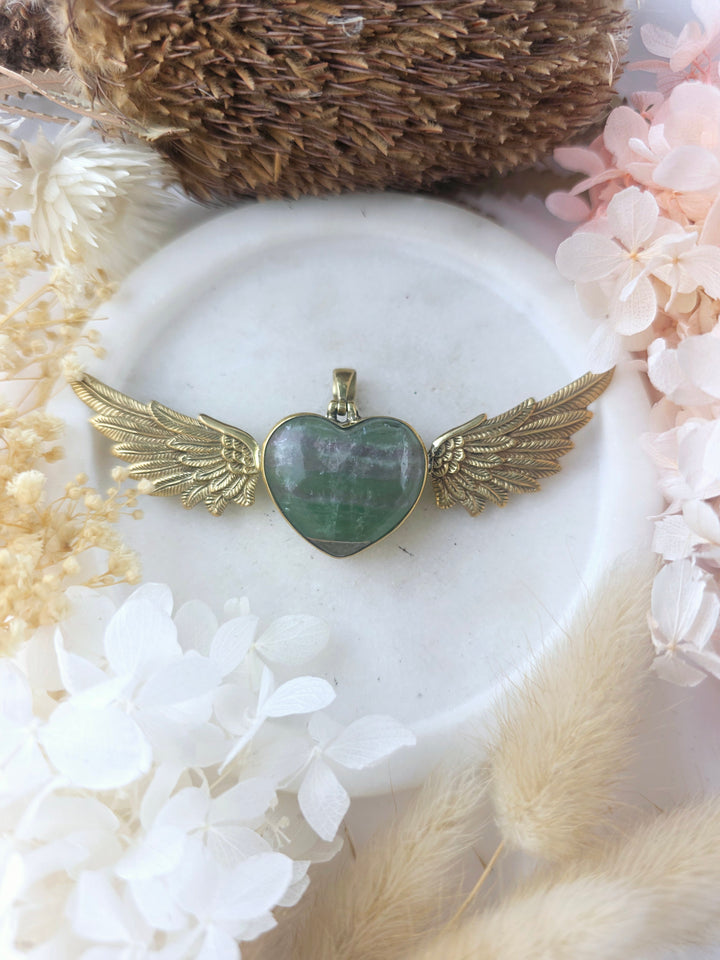 Rainbow Fluorite Heart Brass Winged Goddess Pendant