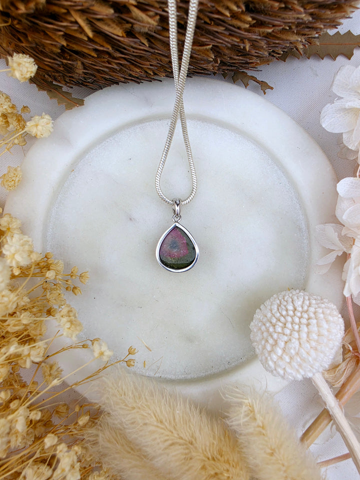 Watermelon Tourmaline & Indicolite (Blue) Silver Pendant