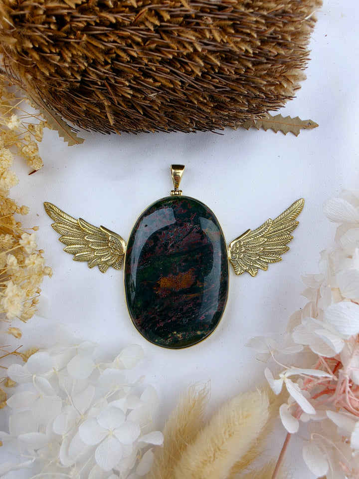 Bloodstone Jasper Large Anahata Brass Pendant