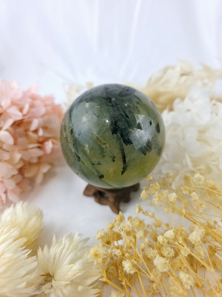 Prehnite with Black Tourmaline & Epidote Sphere