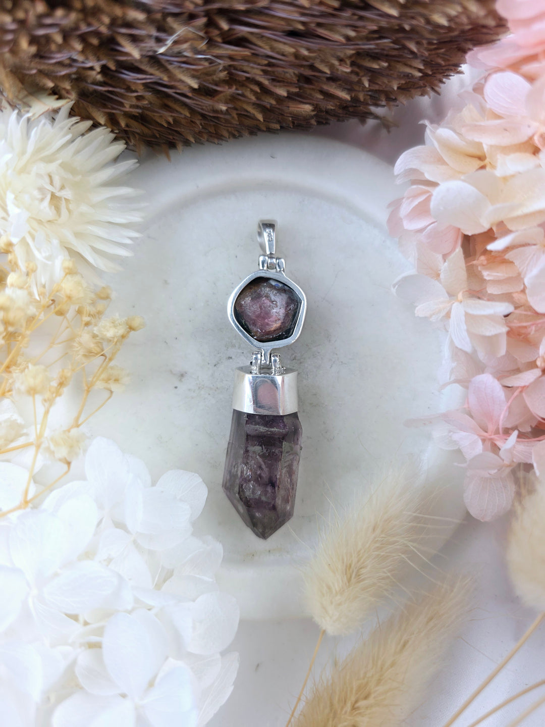 Brandberg Amethyst Enhydro (Non-Moving Bubble) & Watermelon Tourmaline Silver Pendant
