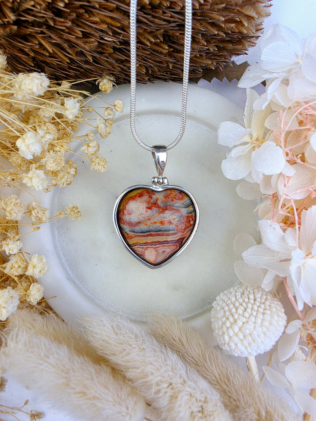 Crazy Lace Agate Heart Silver Pendant