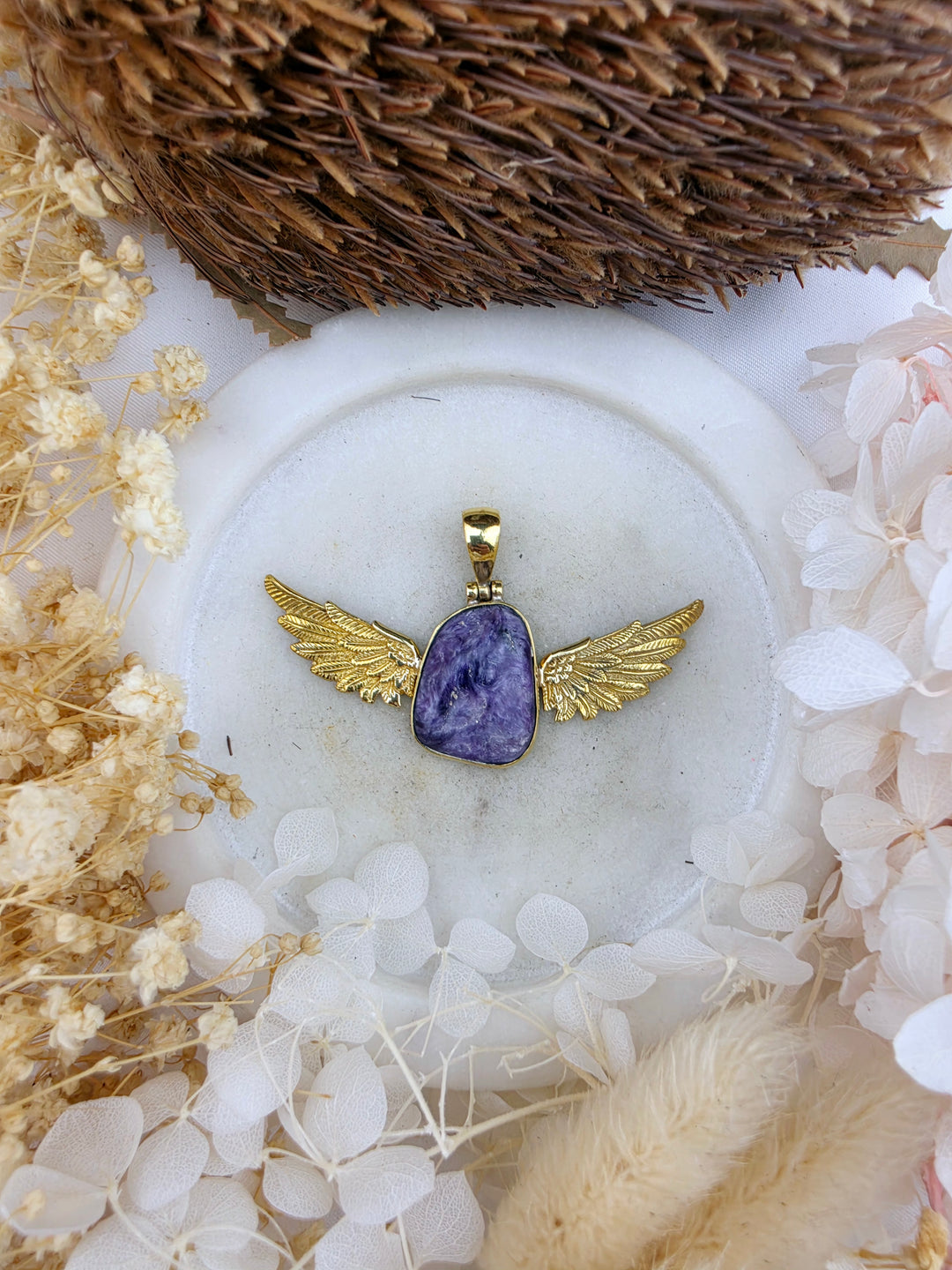 Charoite Anahata Brass Pendant