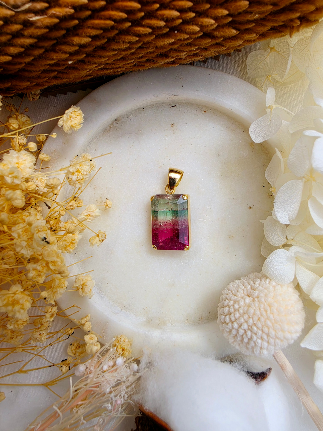 Pink & Green Bi-Coloured Tourmaline Pendant - 18k Solid Gold