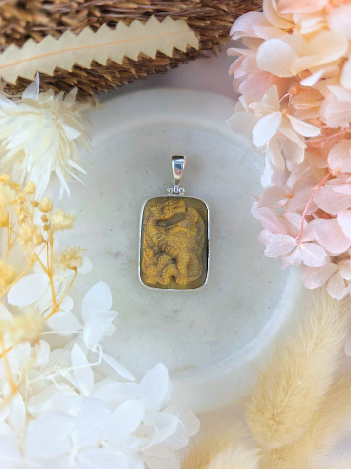 Tigers Eye Dragon Silver Pendant