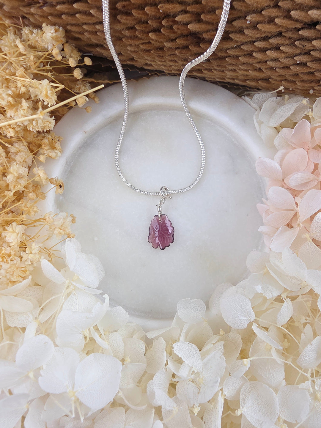 Pink Tourmaline Peony Flower Silver Pendant/Charm — Worthy of Love
