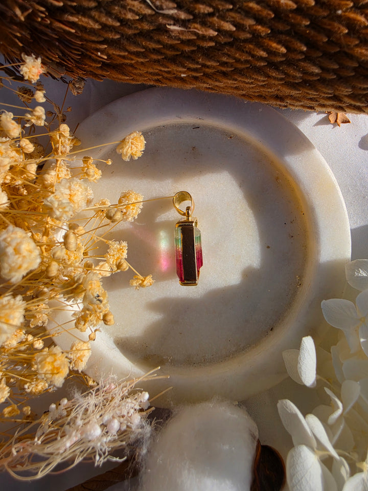 Pink & Green Bi-Coloured Tourmaline Pendant - 18k Solid Gold