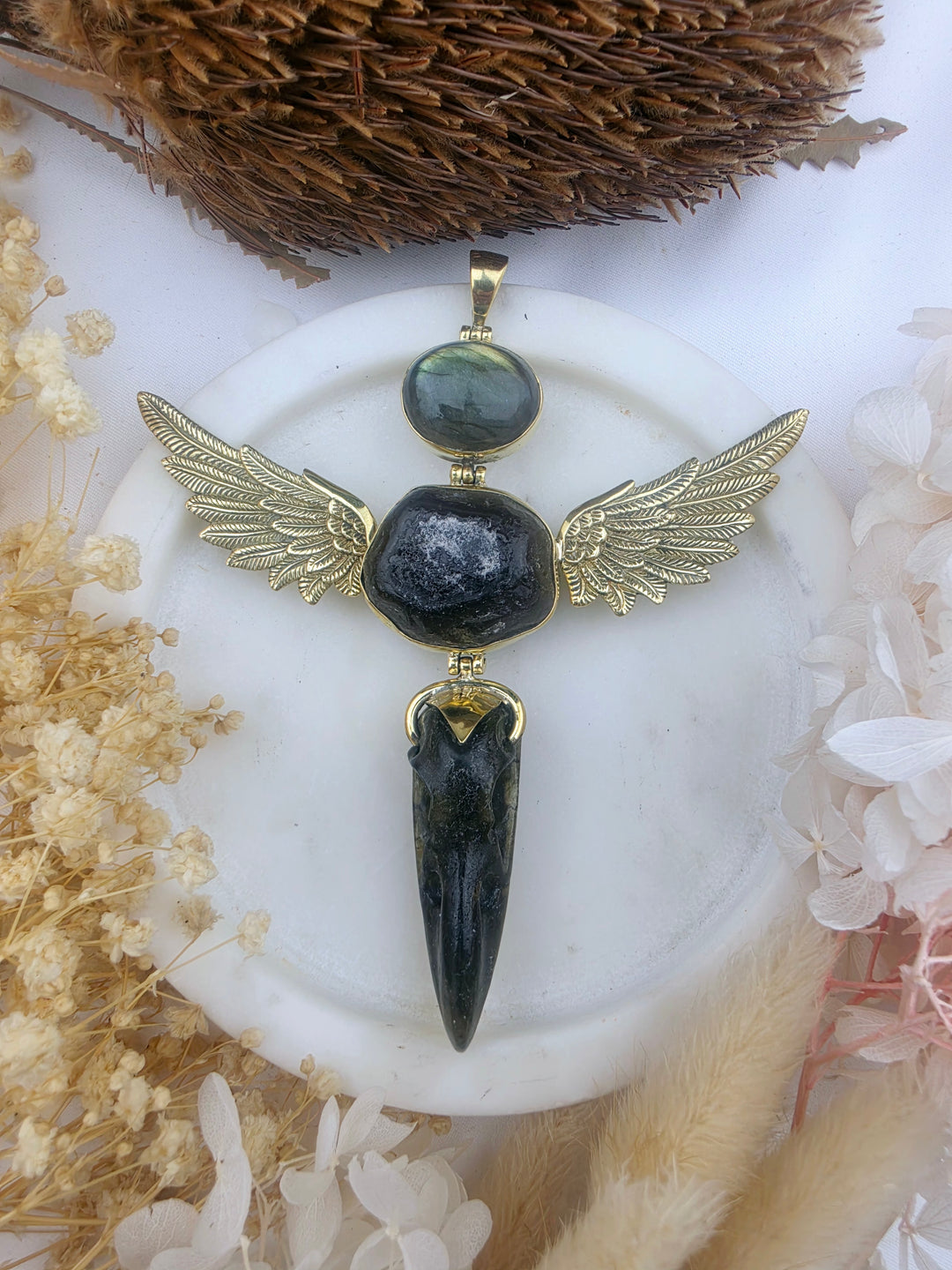 Apache Tear & Labradorite Raven Skull Anahata Brass Pendant