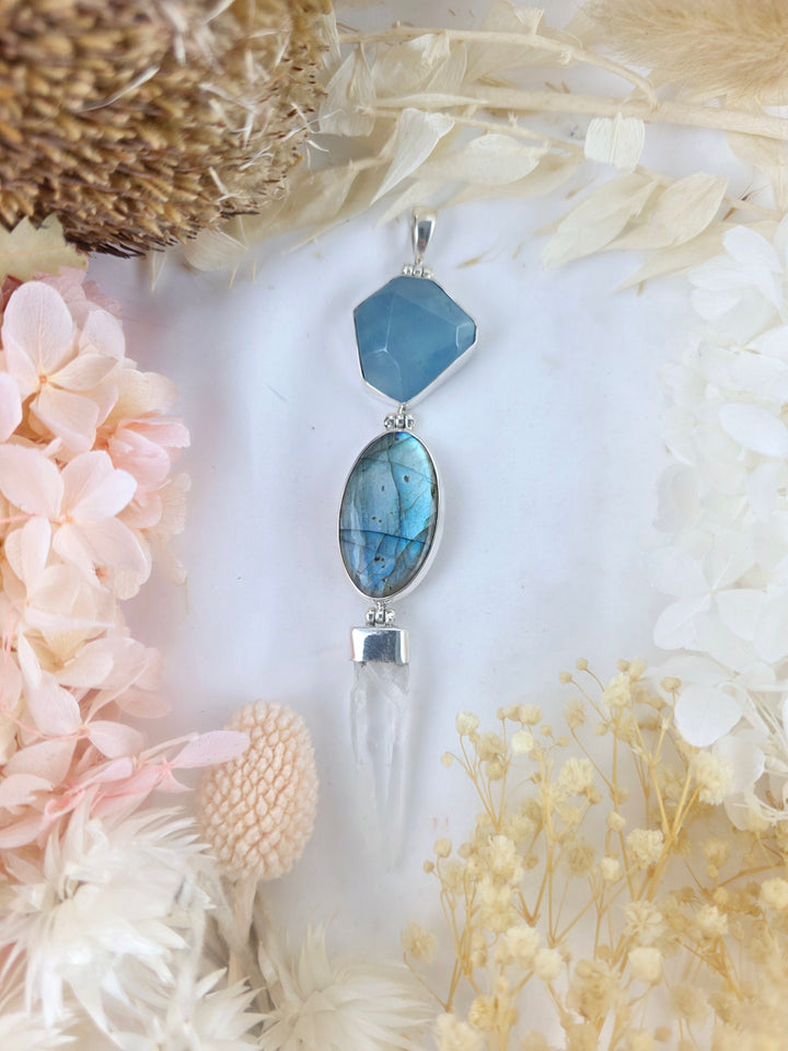 Aquamarine, Labradorite & Clear Quartz Wand Silver Pendant