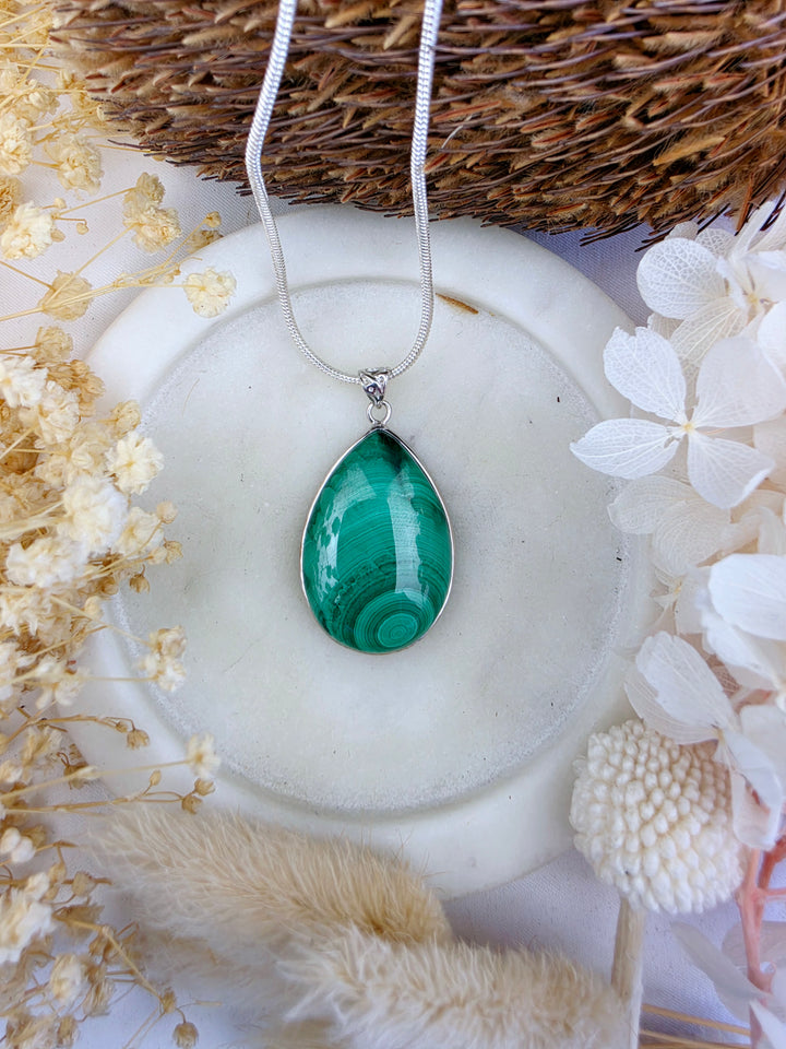 Malachite Silver Tear Drop Pendant — Transform & Rise