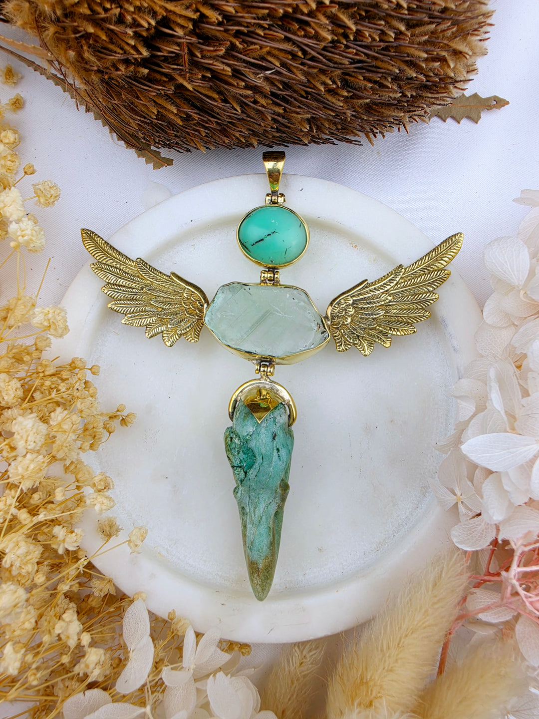 Fuchsite Raven, Green Calcite & Chrysoprase Anahata Brass Pendant