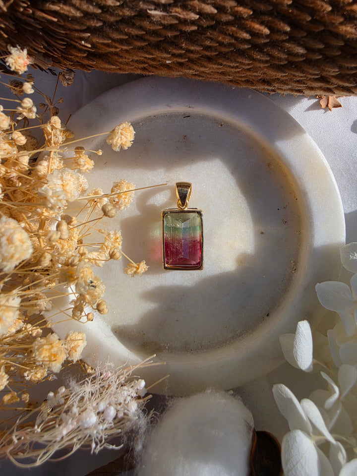 Pink & Green Bi-Coloured Tourmaline Pendant - 18k Solid Gold