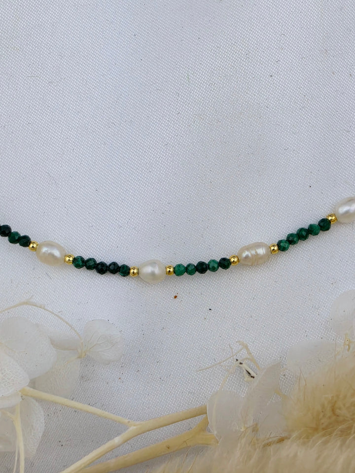 Malachite Faceted 2mm Pearl Necklace