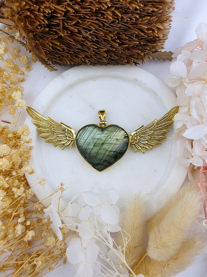 Labradorite Heart Anahata Brass Pendant