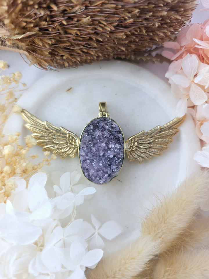 Amethyst Cluster Winged Goddess Brass Pendant