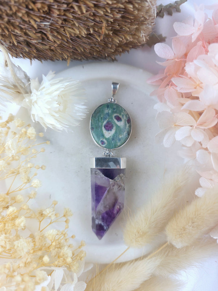 Ruby In Fuschite & Amethyst Smoky Quartz Silver Pendant