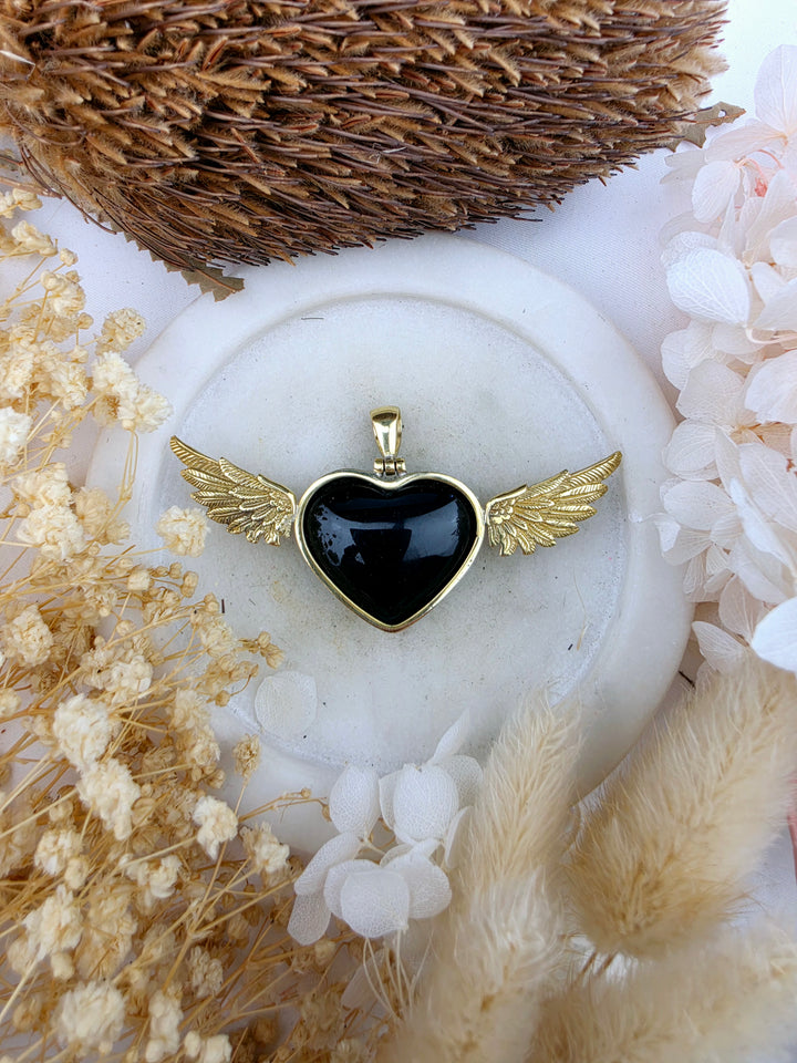 Black Obsidian Heart Anahata Brass Pendant