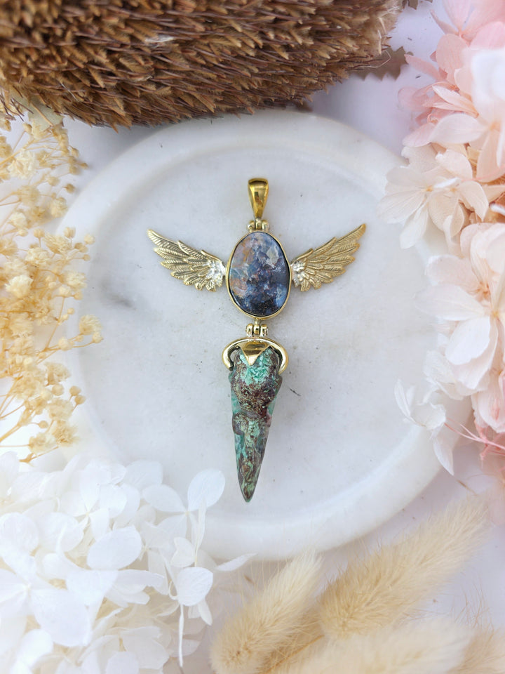 Chrysoprase Raven Skull with Opal Winged Brass Pendant