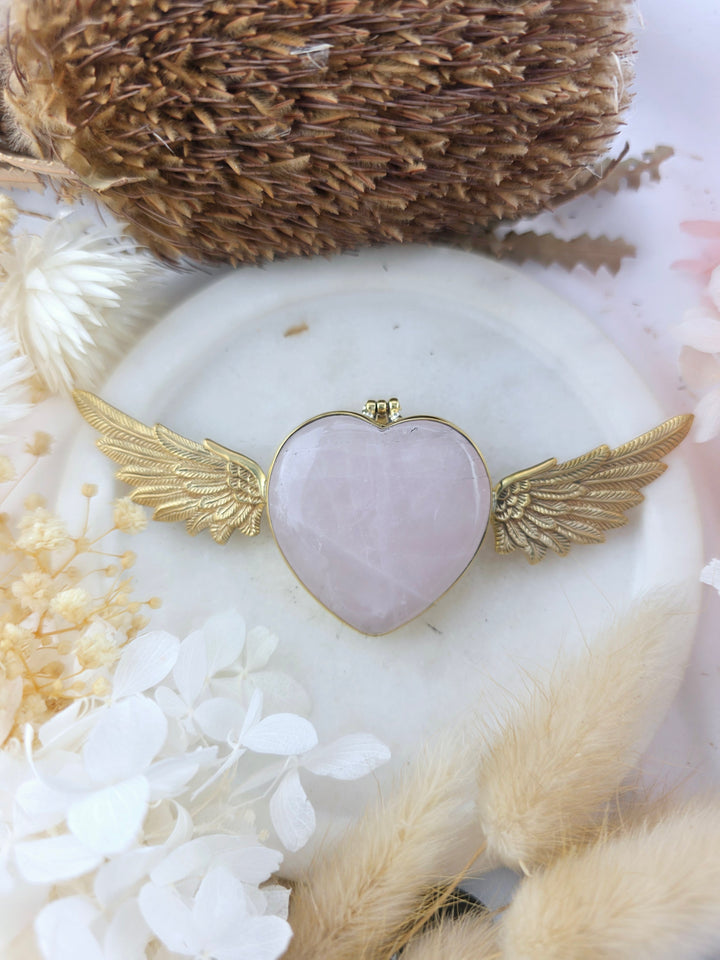 Rose Quartz Heart Winged Goddess Brass Pendant