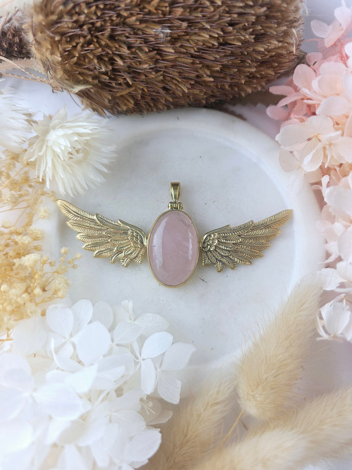 Rose Quartz Winged Goddess Brass Pendant