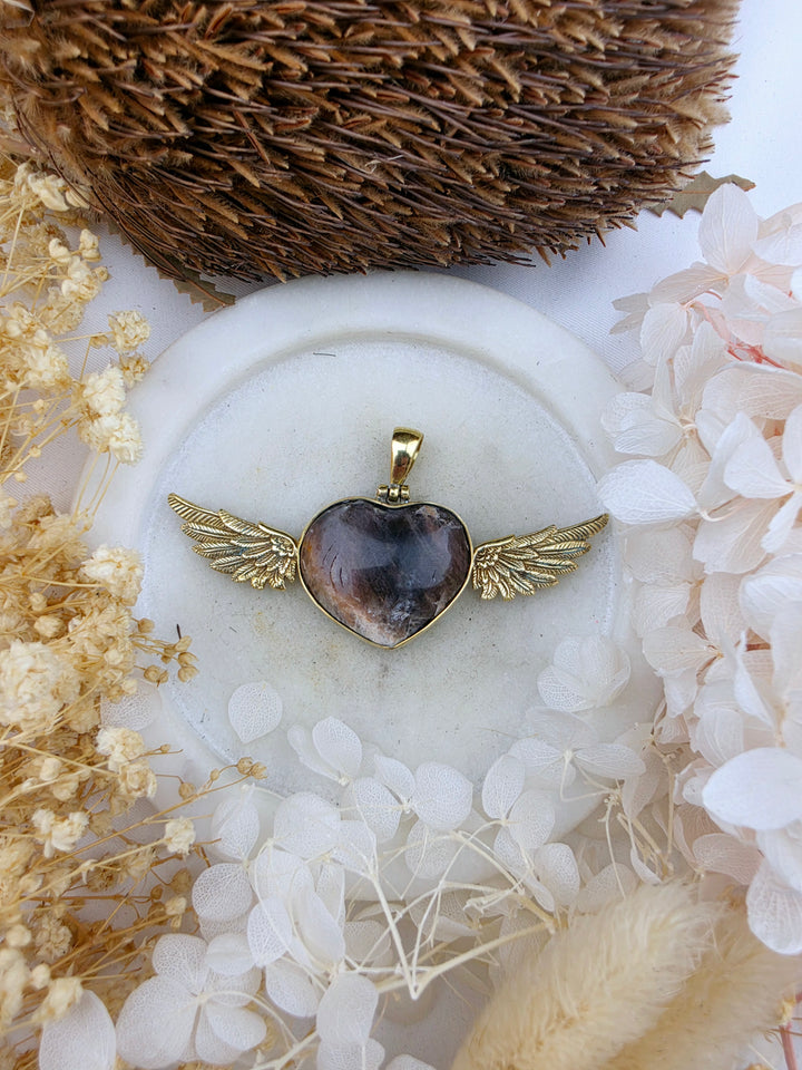 Black Moonstone Heart Anahata Brass Pendant