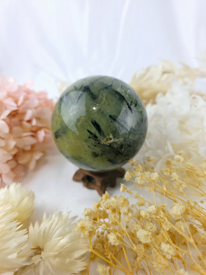 Prehnite with Black Tourmaline & Epidote Sphere