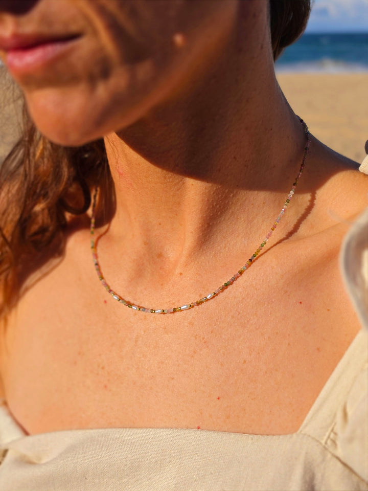 Watermelon Tourmaline Faceted Pearl Necklace - 2mm
