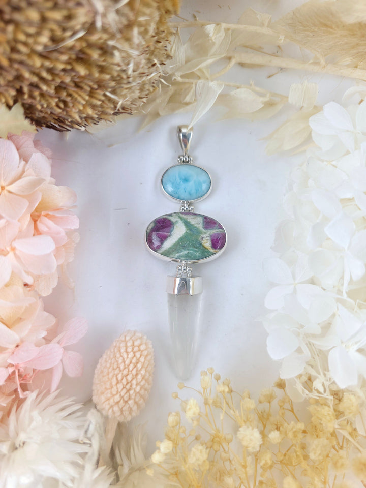 Larimar, Ruby Fuchsite & Clear Quartz Silver Pendant