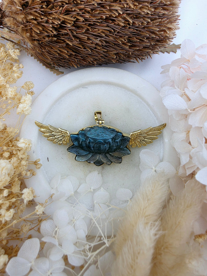 Labradorite Lotus Anahata Brass Pendant