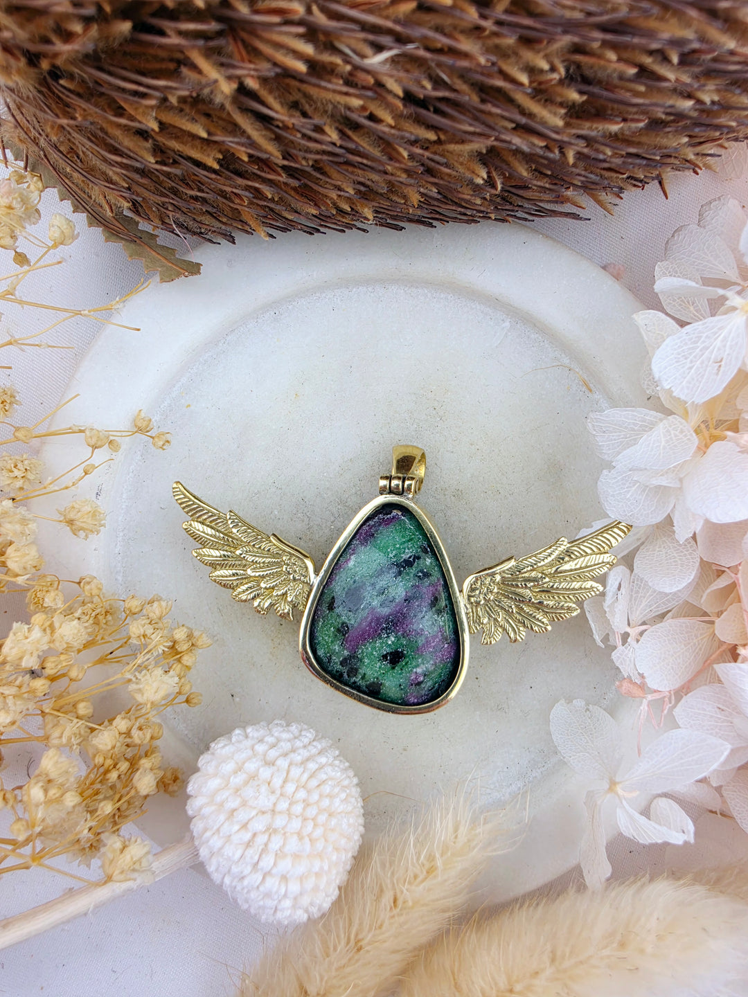 Ruby Zoisite Anahata Brass Pendant