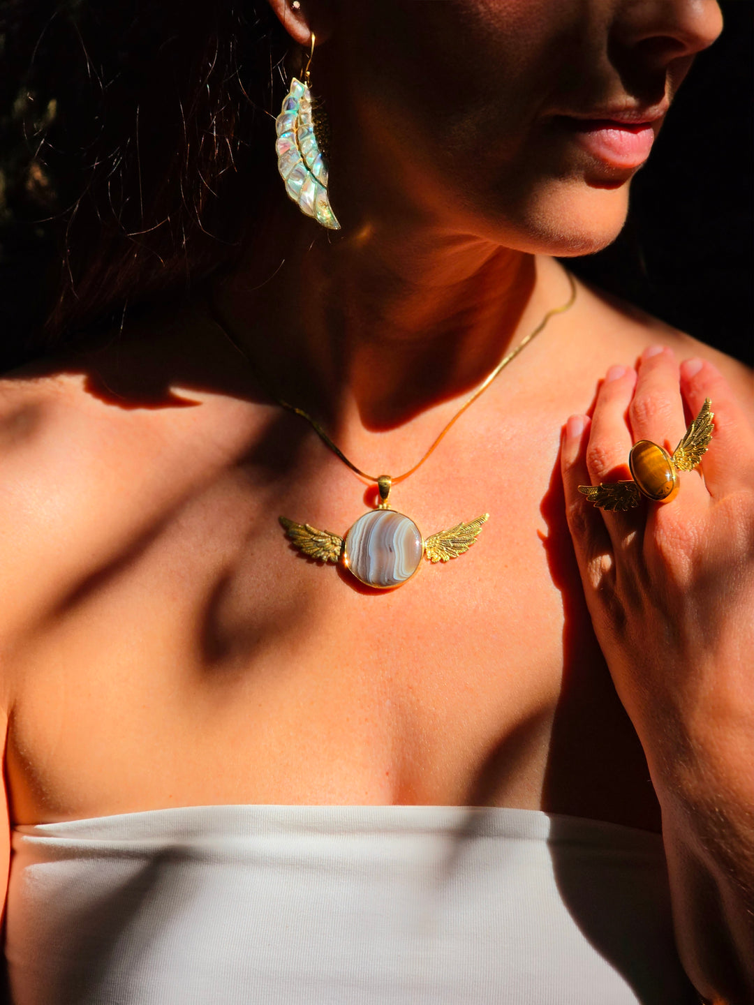 Agate in Quartz Anahata Brass Pendant