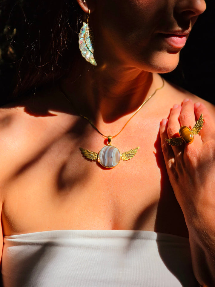 Agate in Quartz Anahata Brass Pendant