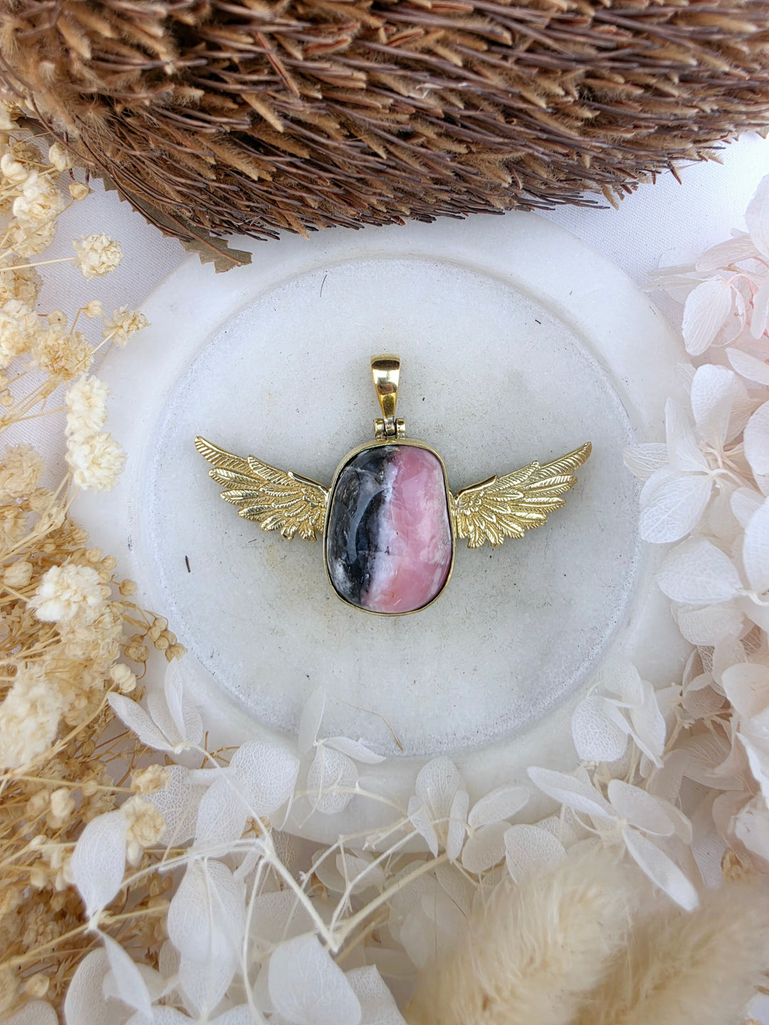 Pink Opal Anahata Brass Pendant