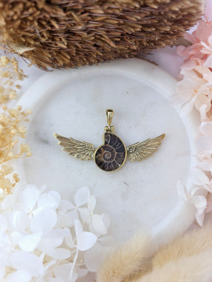 Ammonite Fossil Winged Brass Pendant #1A