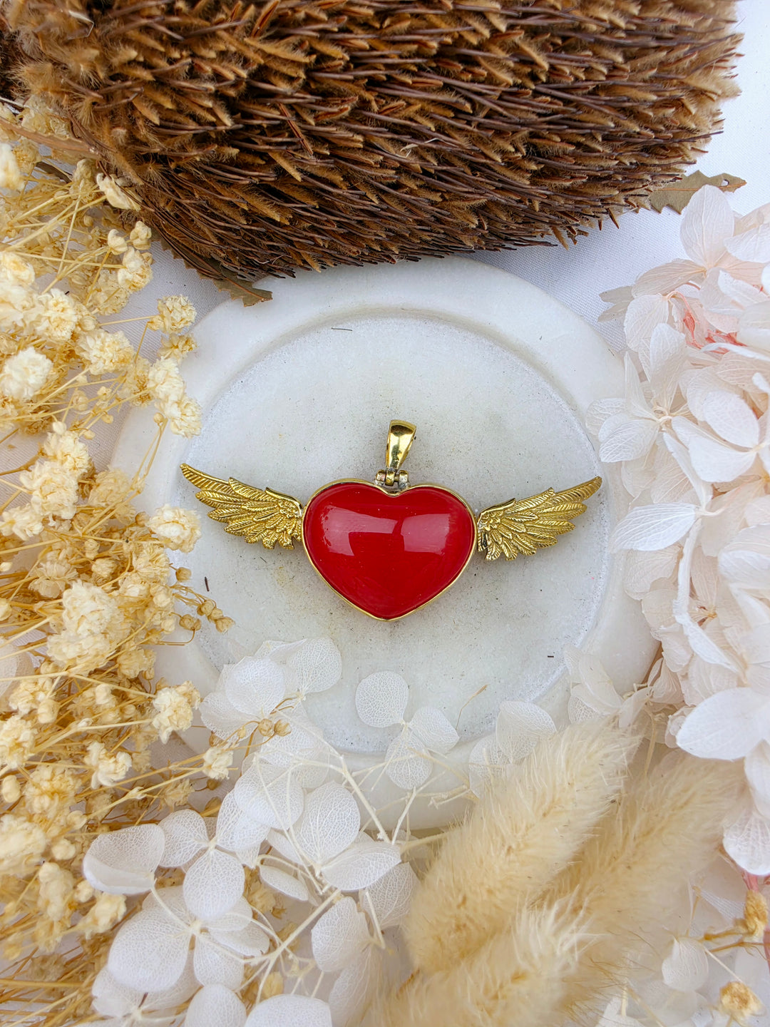 Red Cats Eye Heart Anahata Brass Pendant