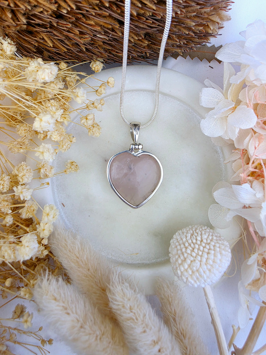 Rose Quartz Heart Silver Pendant