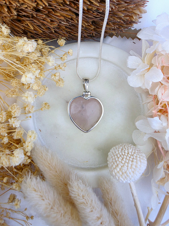 Rose Quartz Heart Silver Pendant