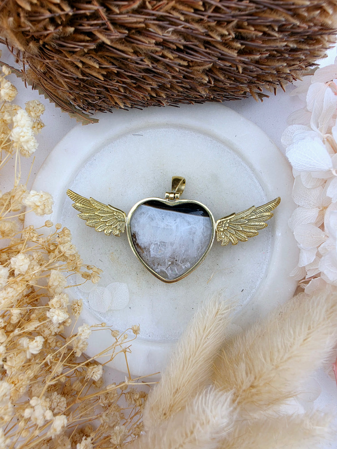 Agate in Quartz Anahata Brass Pendant