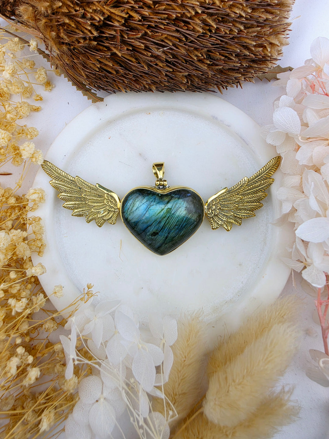 Labradorite Heart Anahata Brass Pendant