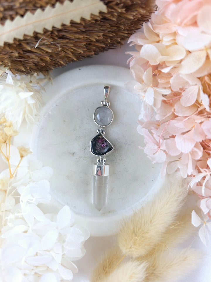Rainbow Moonstone, Watermelon Tourmaline & Clear Quartz Silver Pendant