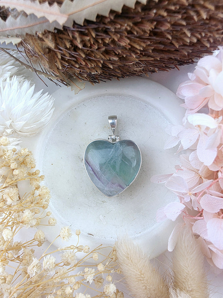 Rainbow Fluorite Heart Silver Pendant