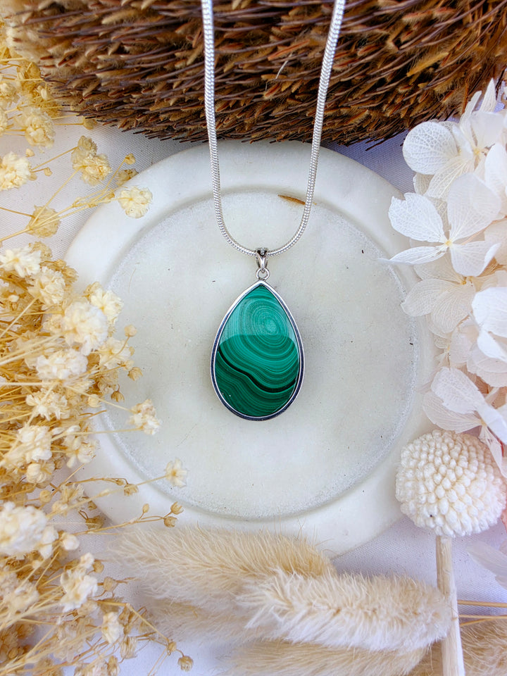 Malachite Silver Tear Drop Pendant — Transform & Rise